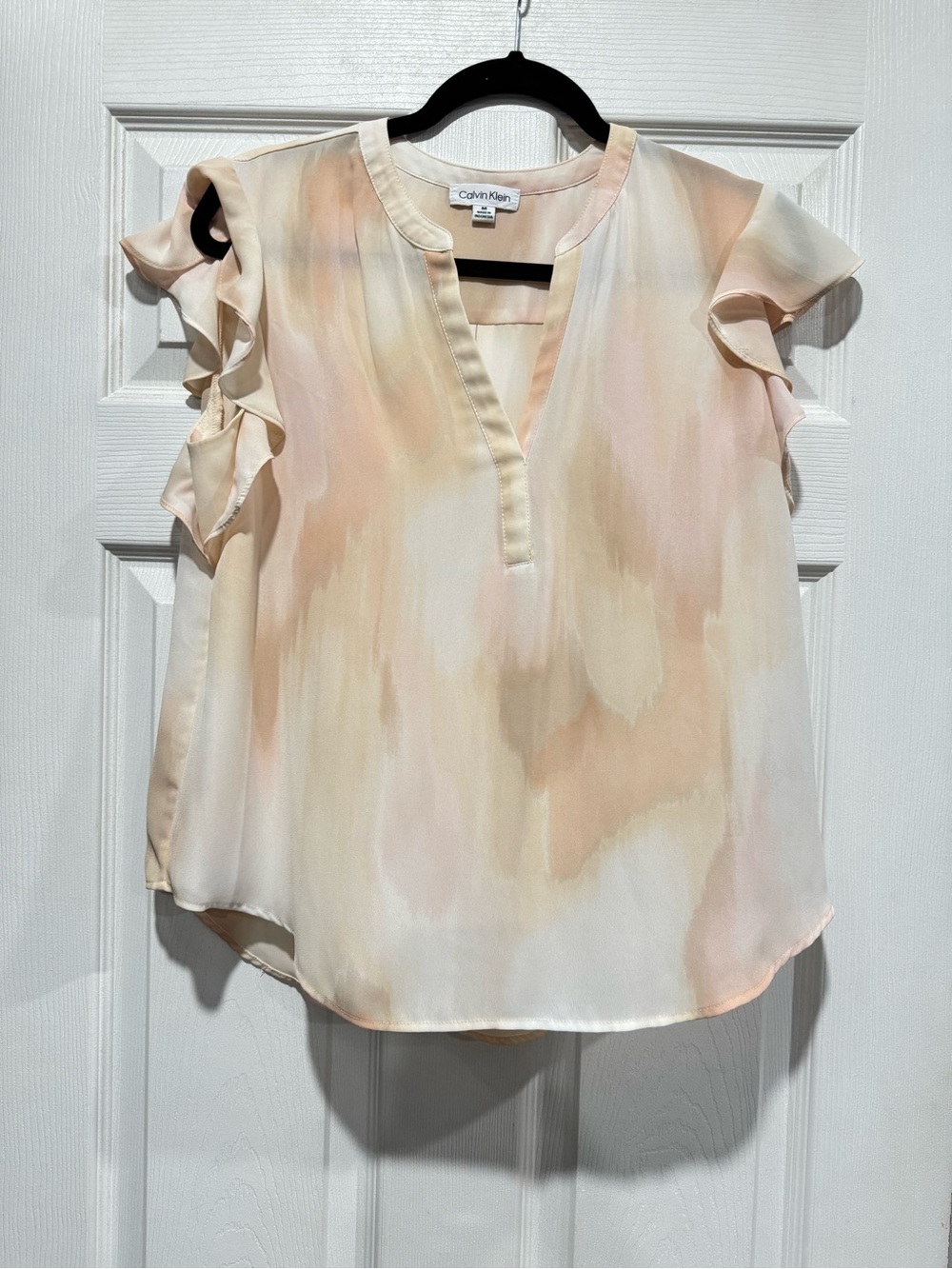 Calvin Klein Watercolor Ruffle Sleeve Blouse - Cream & Peach